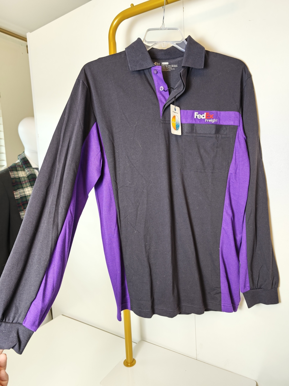FedEx Freight Mens Long Sleeve Polo Shirt Black Purple Stan Herman Medium NEW